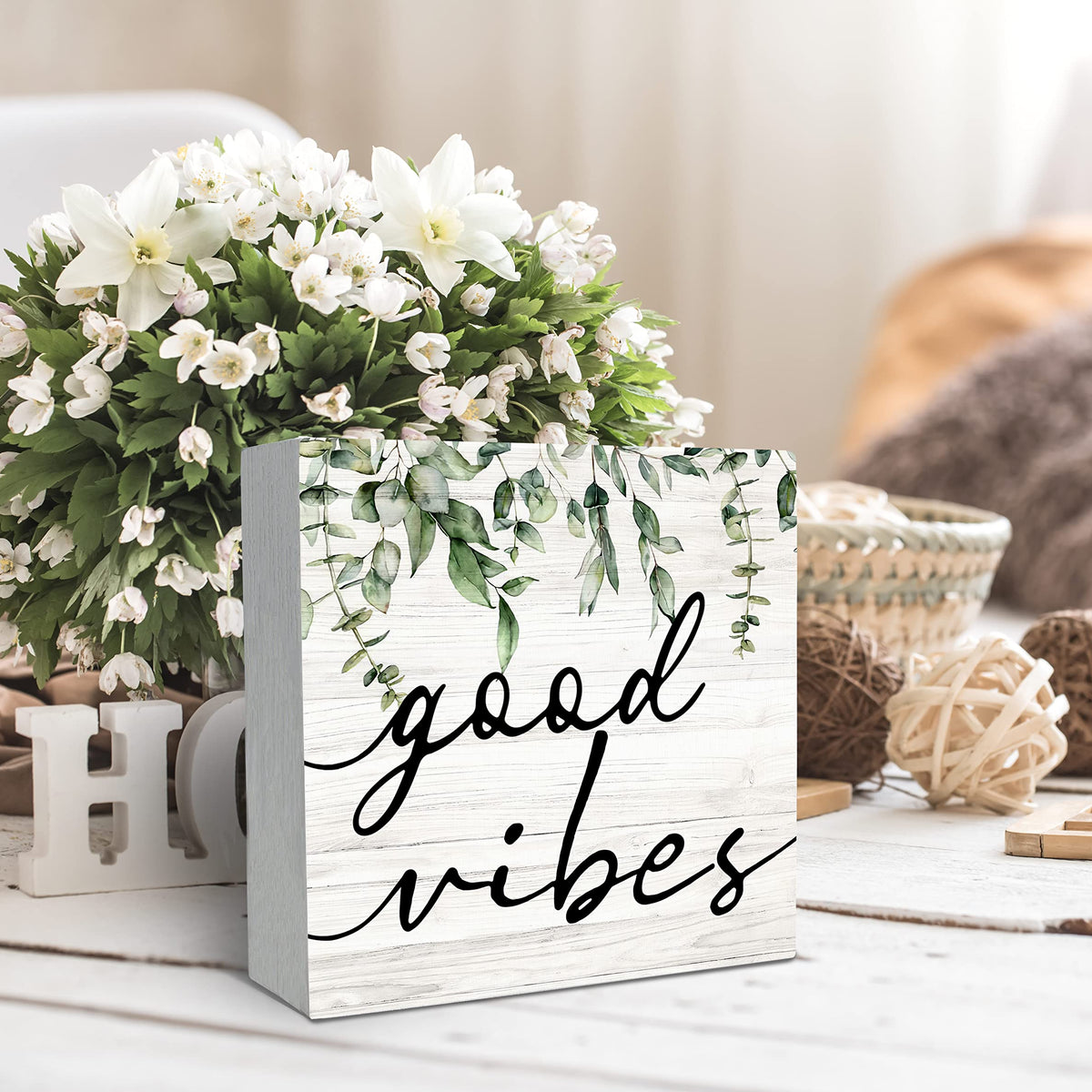 Botanical Eucalyptus Leaves Wood Box Sign Desk Decor, Rustic Eucalyptus Leaves Wooden Block Box Sign