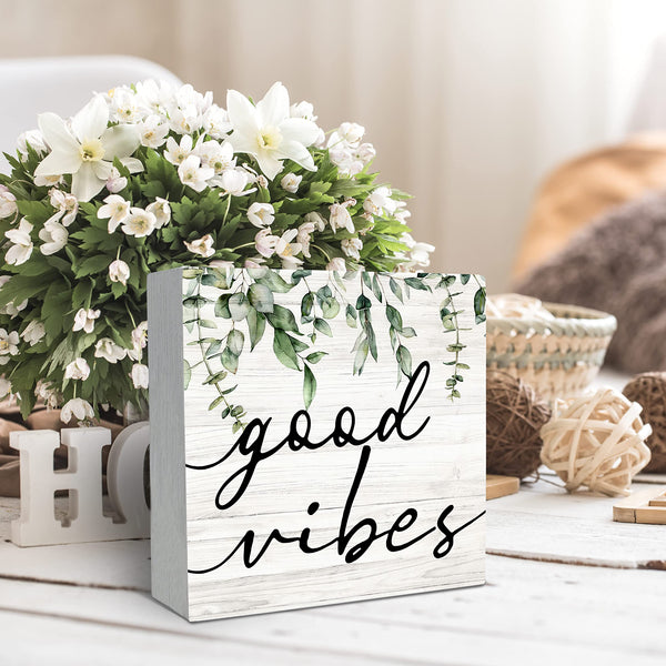 Botanical Eucalyptus Leaves Wood Box Sign Desk Decor, Rustic Eucalyptus Leaves Wooden Block Box Sign