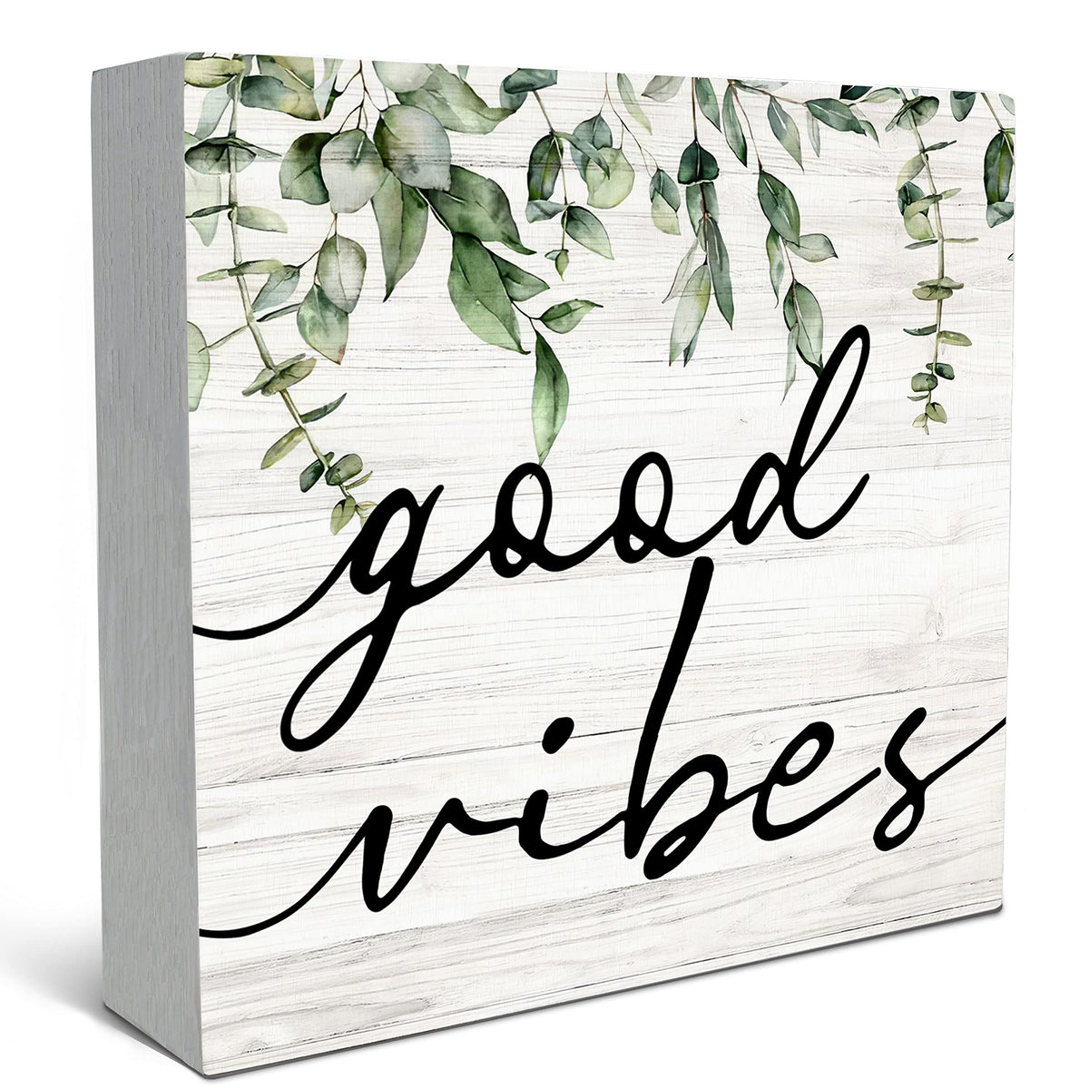 Botanical Eucalyptus Leaves Wood Box Sign Desk Decor, Rustic Eucalyptus Leaves Wooden Block Box Sign