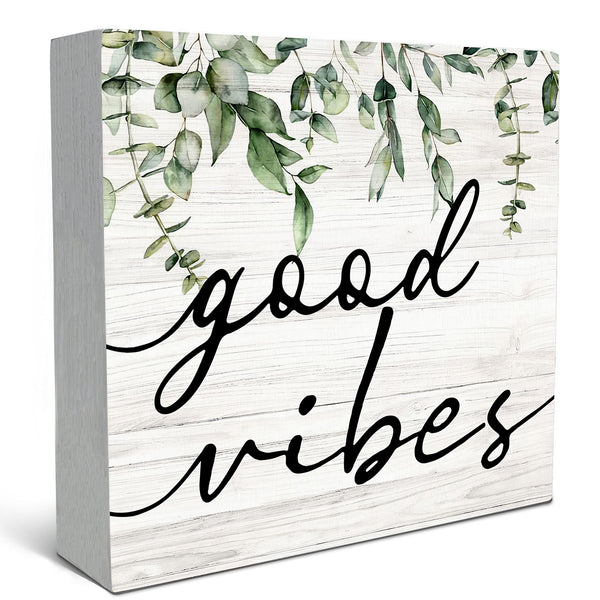 Botanical Eucalyptus Leaves Wood Box Sign Desk Decor, Rustic Eucalyptus Leaves Wooden Block Box Sign