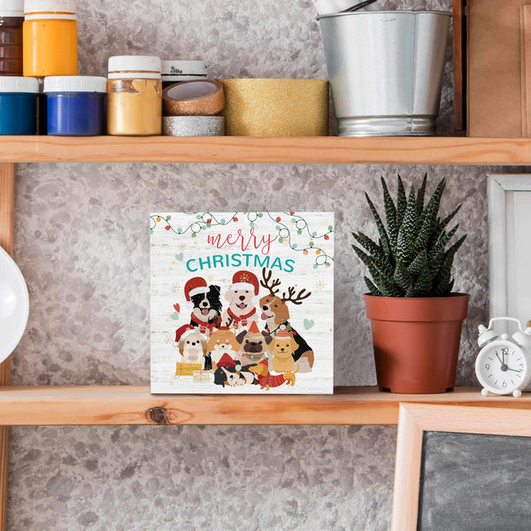 Dog Christmas Wooden Sign Desk Decor, Christmas Sign Gifts for Dog Lovers, Cute Xmas Puppy Dogs Wood Block Signs