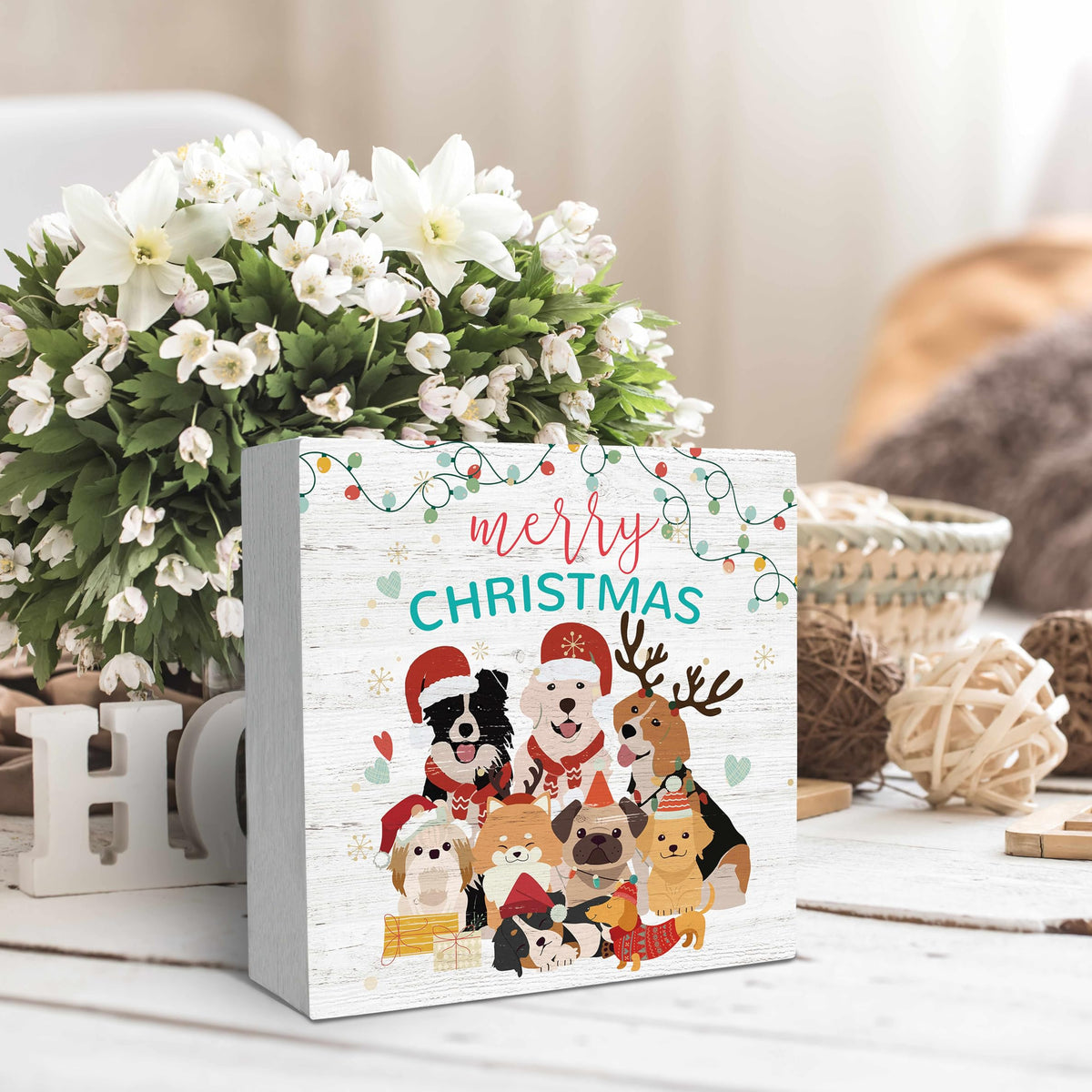 Dog Christmas Wooden Sign Desk Decor, Christmas Sign Gifts for Dog Lovers, Cute Xmas Puppy Dogs Wood Block Signs