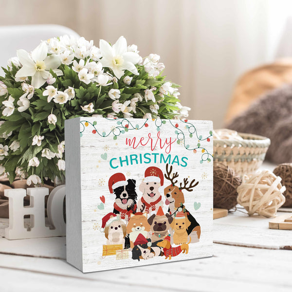 Dog Christmas Wooden Sign Desk Decor, Christmas Sign Gifts for Dog Lovers, Cute Xmas Puppy Dogs Wood Block Signs
