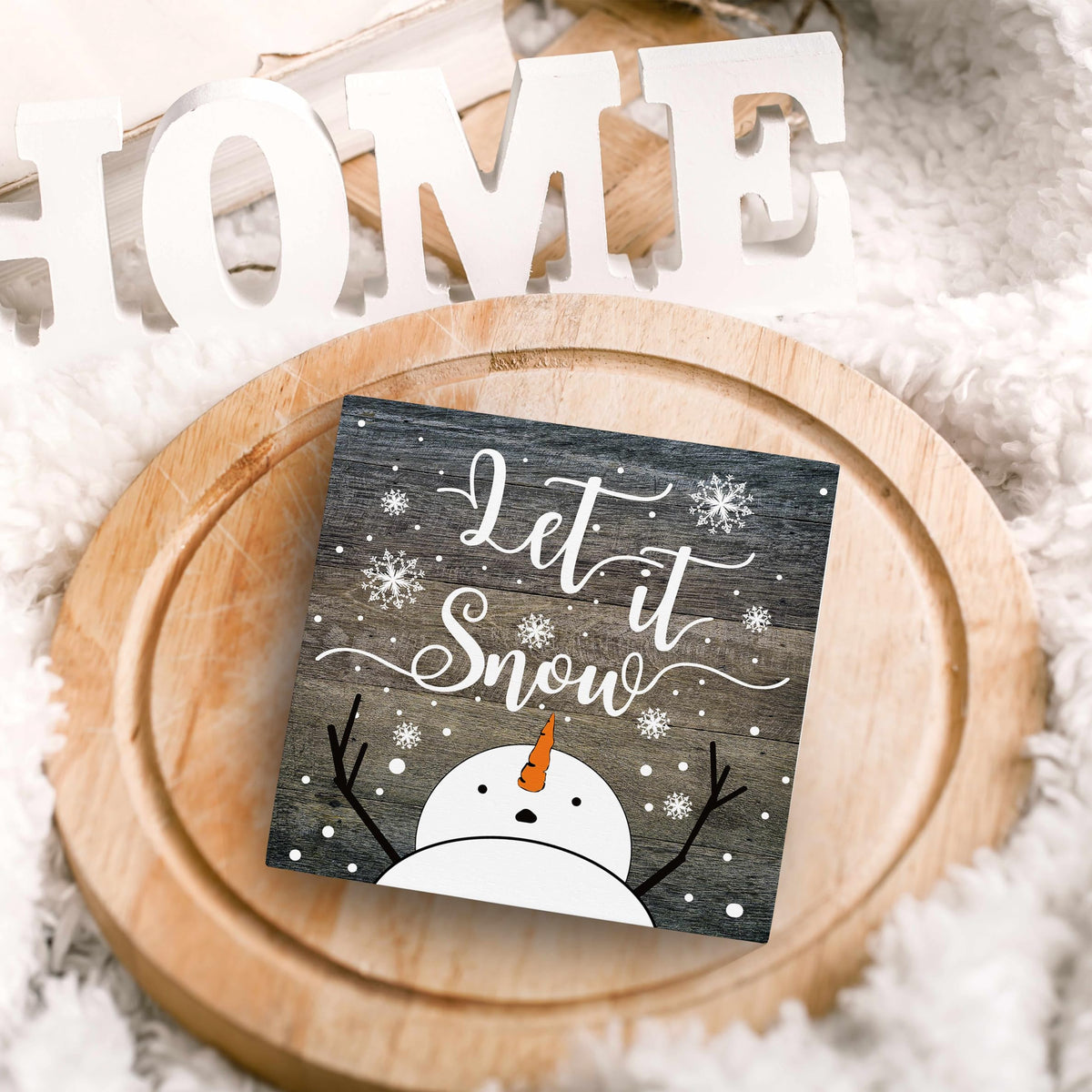 Let It Snow Christmas Wooden Sign Desk Decor, Snowman Christmas Decor, Rustic Winter Snowflake Wood Block Signs