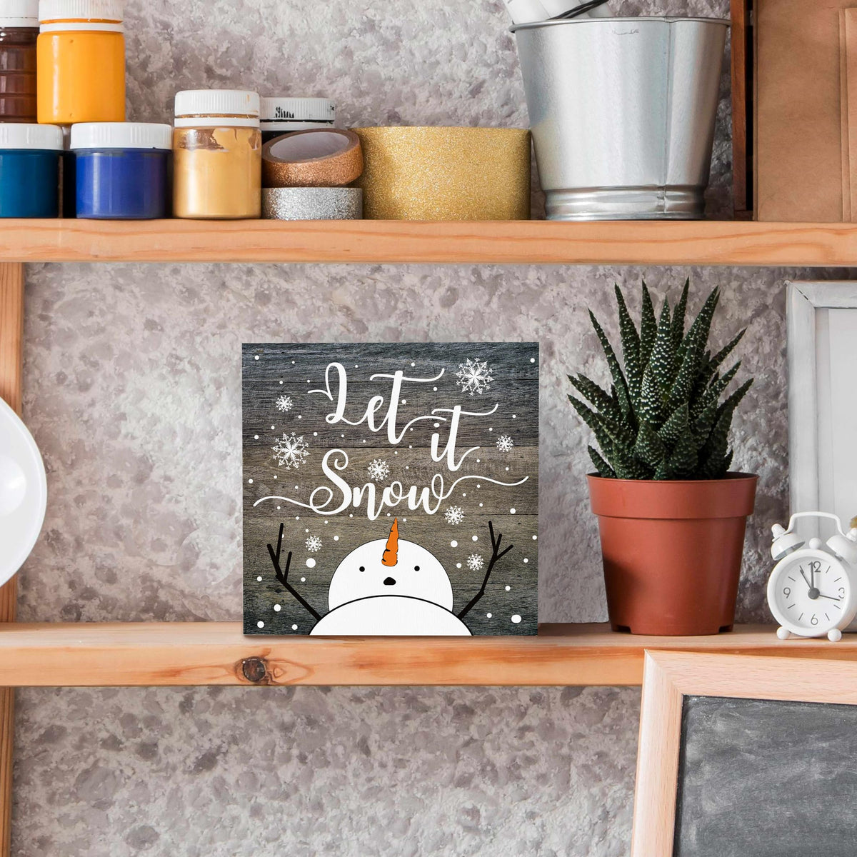 Let It Snow Christmas Wooden Sign Desk Decor, Snowman Christmas Decor, Rustic Winter Snowflake Wood Block Signs