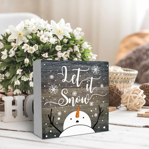 Let It Snow Christmas Wooden Sign Desk Decor, Snowman Christmas Decor, Rustic Winter Snowflake Wood Block Signs