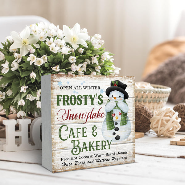 Vintage Christmas Cafe &amp; Bakery Wooden Sign Desk Decor, Christmas Bakery Decor, Rustic Winter Snowflake