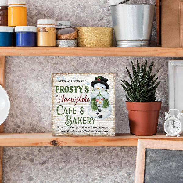 Vintage Christmas Cafe &amp; Bakery Wooden Sign Desk Decor, Christmas Bakery Decor, Rustic Winter Snowflake