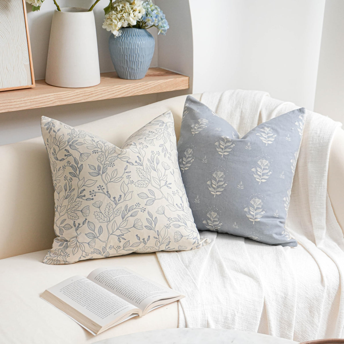Floral Decorative Throw Pillow Cover 18x18 Set of 2, Farmhouse Coastal Blue Velvet Accent Throw Pillow