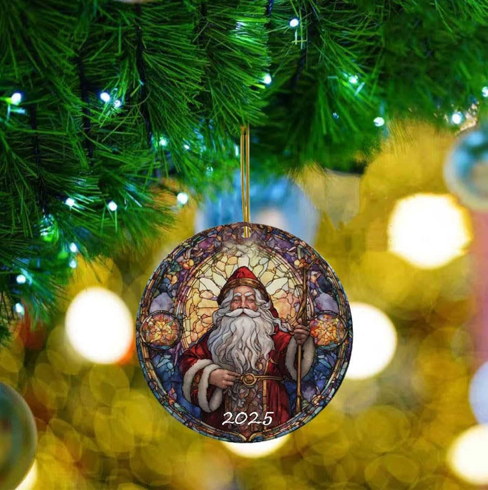 Santa Claus Ornaments 2025 in Stained Glass Style,2025 Christmas Ornaments, Round Fun Ceramic Decoration Gifts (Santa Claus)