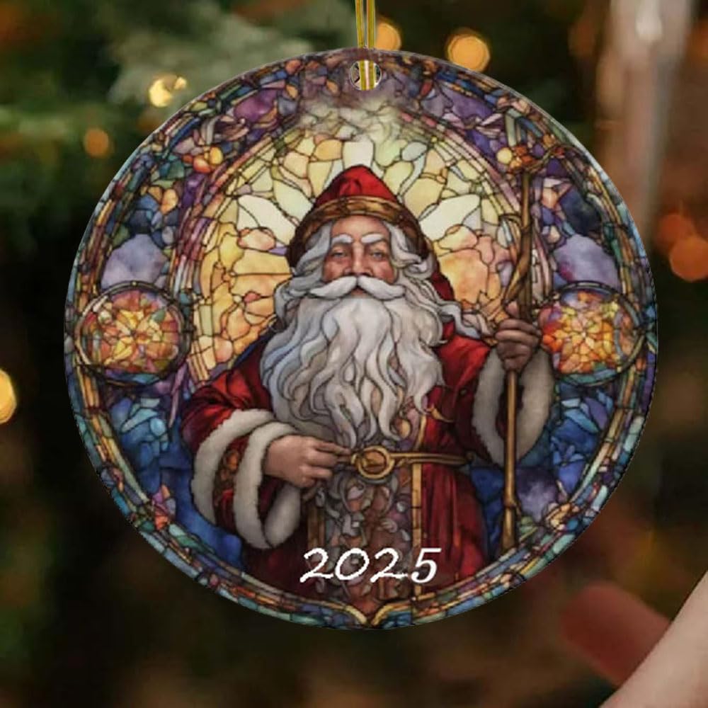 Santa Claus Ornaments 2025 in Stained Glass Style,2025 Christmas Ornaments, Round Fun Ceramic Decoration Gifts (Santa Claus)