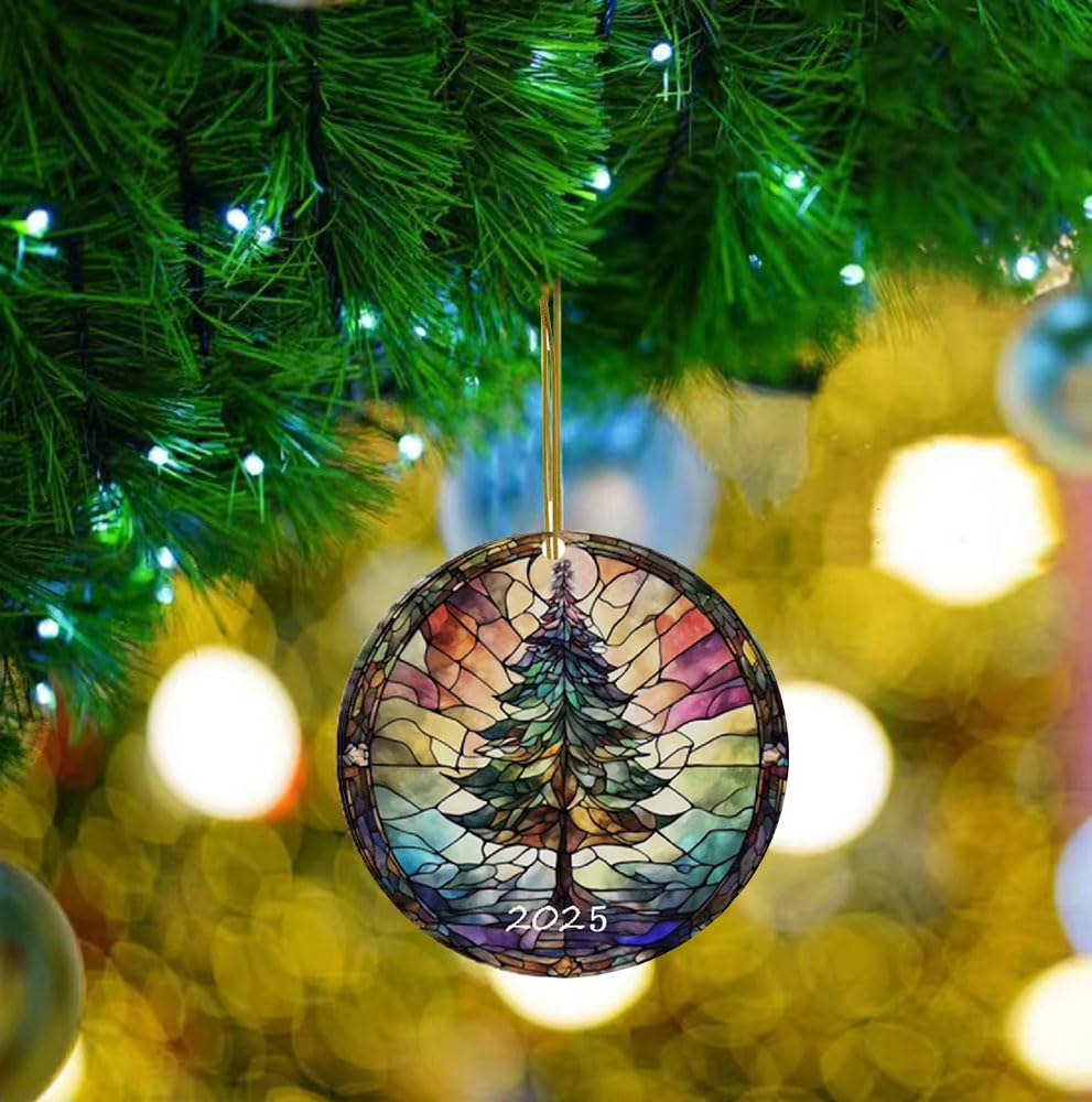 Christmas Ornaments 2025, Stained Glass Style, Round Fun Ceramic Decoration Gifts (Christmas Tree)