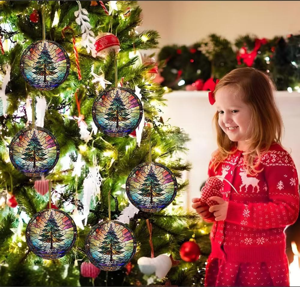 Christmas Ornaments 2025, Stained Glass Style, Round Fun Ceramic Decoration Gifts (Christmas Tree)