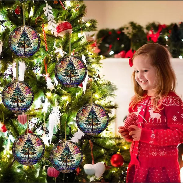 Christmas Ornaments 2025, Stained Glass Style, Round Fun Ceramic Decoration Gifts (Christmas Tree)