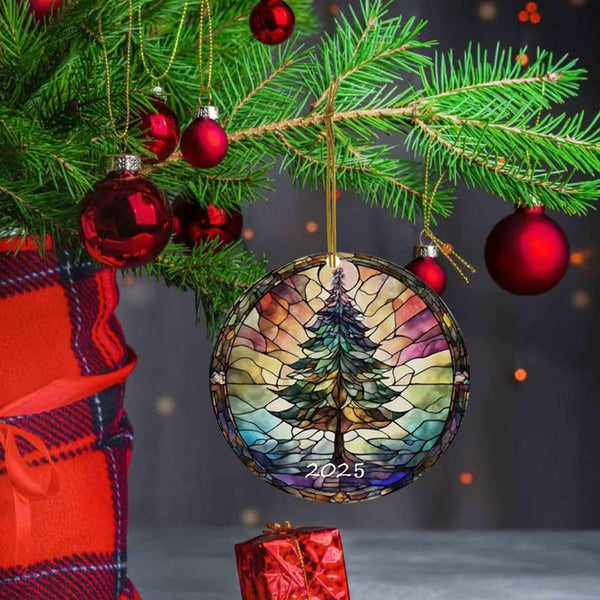 Christmas Ornaments 2025, Stained Glass Style, Round Fun Ceramic Decoration Gifts (Christmas Tree)