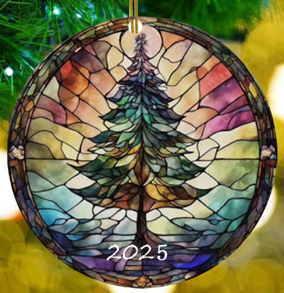 Christmas Ornaments 2025, Stained Glass Style, Round Fun Ceramic Decoration Gifts (Christmas Tree)