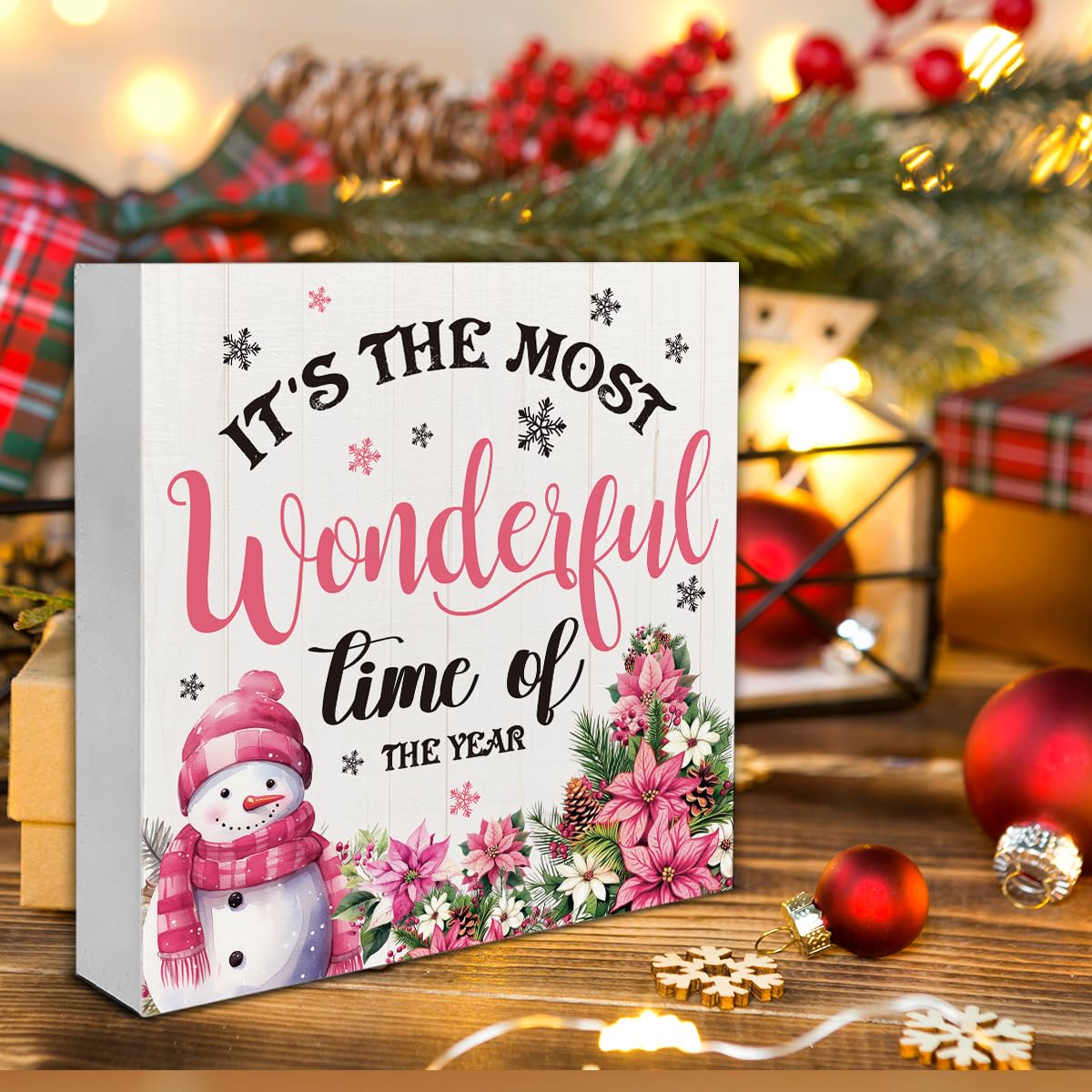 Indoor Christmas Decorations, It's the Most Wonderful Time of the Year Wooden Sign, Snowman Wooden Block Sign