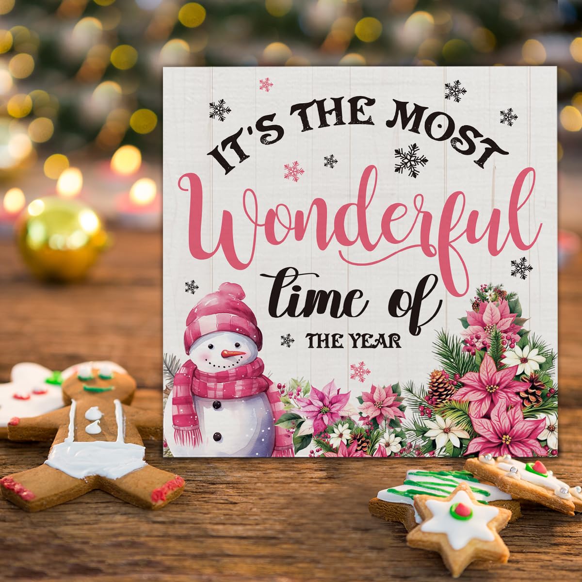 Indoor Christmas Decorations, It's the Most Wonderful Time of the Year Wooden Sign, Snowman Wooden Block Sign