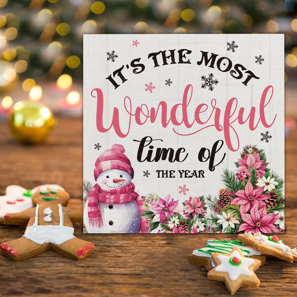 Indoor Christmas Decorations, It's the Most Wonderful Time of the Year Wooden Sign, Snowman Wooden Block Sign