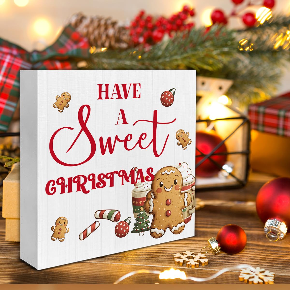 Farmhouse Christmas Wooden Block Sign - Gingerbread Decor for Table or Shelf - 5 x 5 Inch