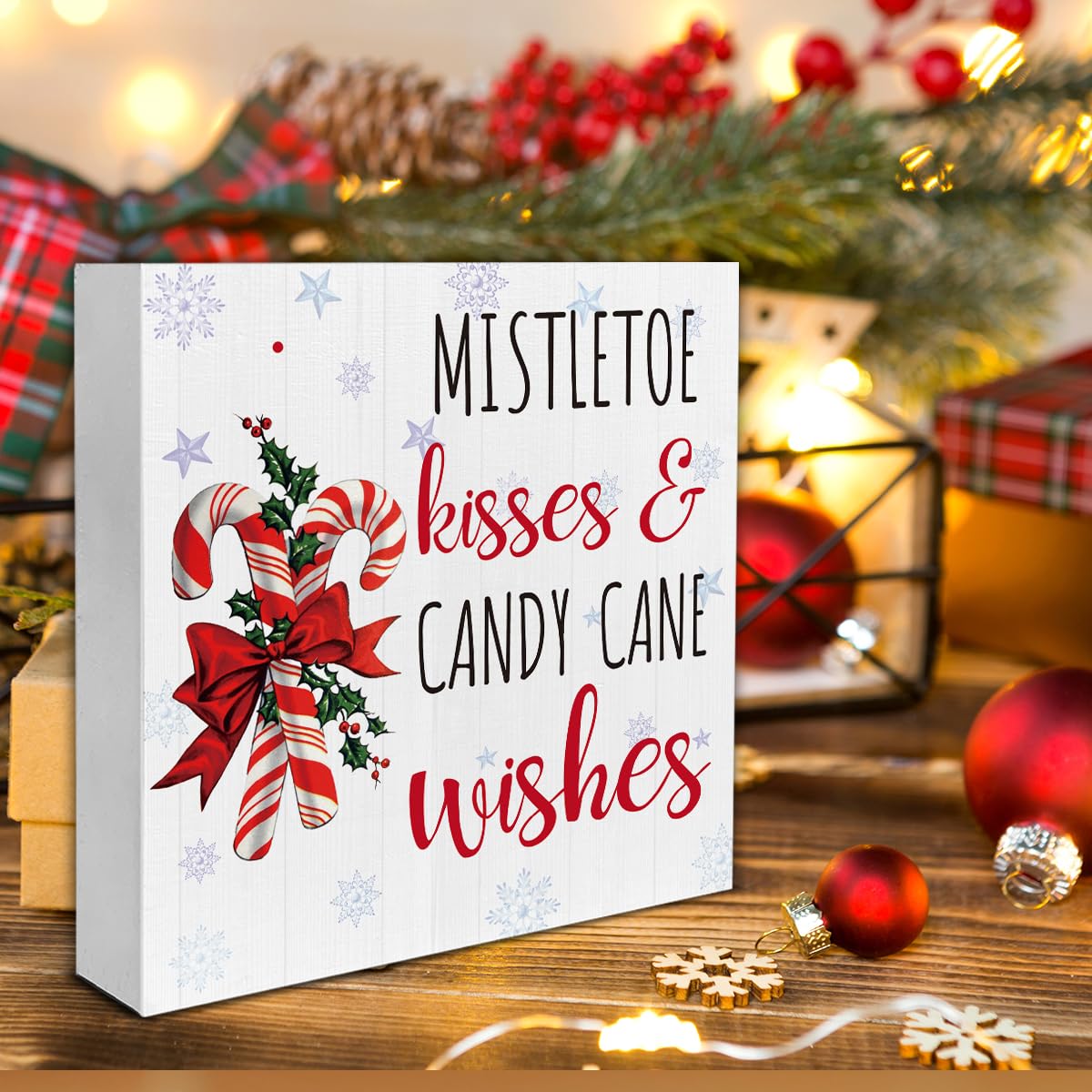 Rustic Christmas Decorations, Candy Cane Wooden Sign Home Decor, Mistletoe Wooden Block Sign