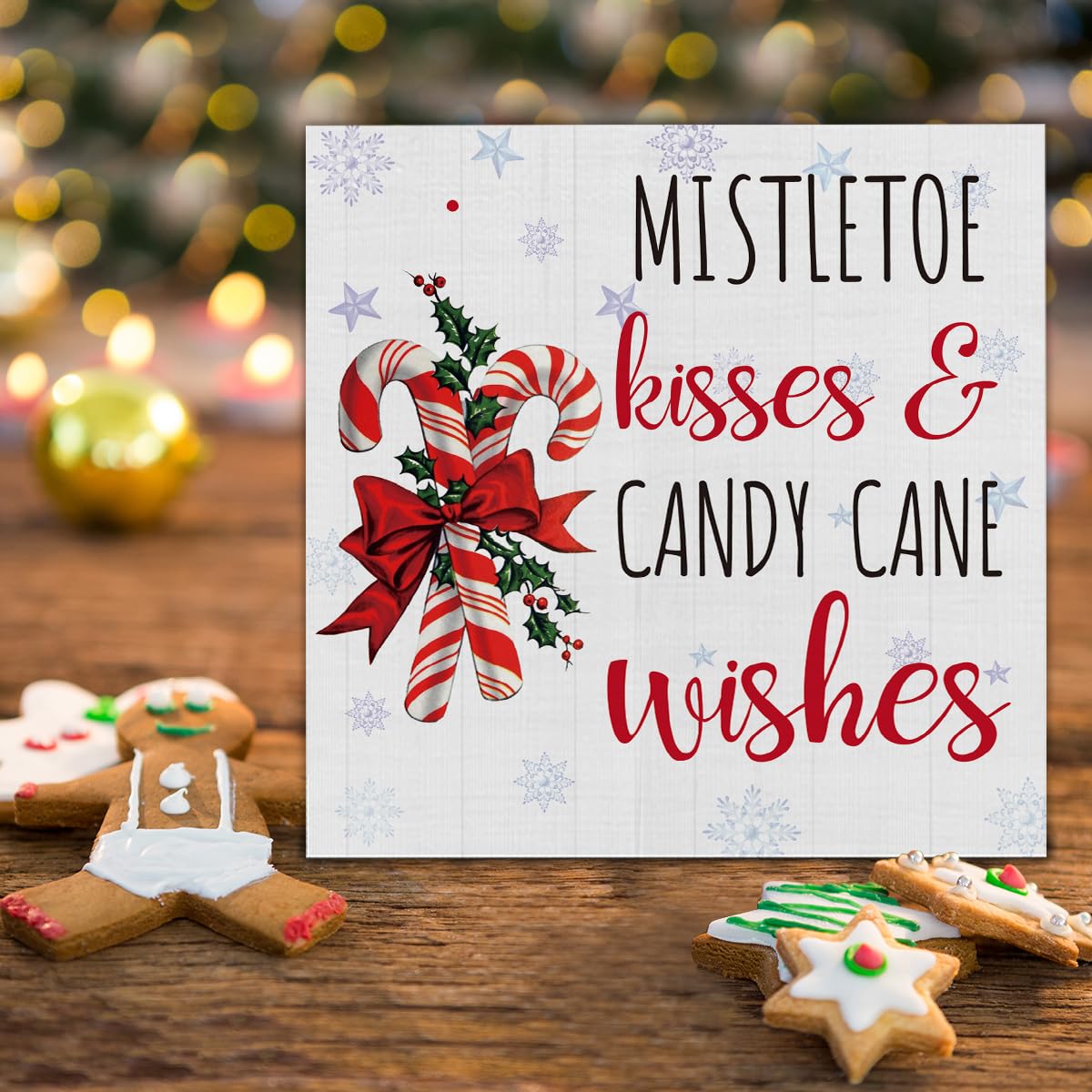 Rustic Christmas Decorations, Candy Cane Wooden Sign Home Decor, Mistletoe Wooden Block Sign