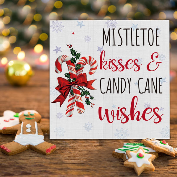 Rustic Christmas Decorations, Candy Cane Wooden Sign Home Decor, Mistletoe Wooden Block Sign