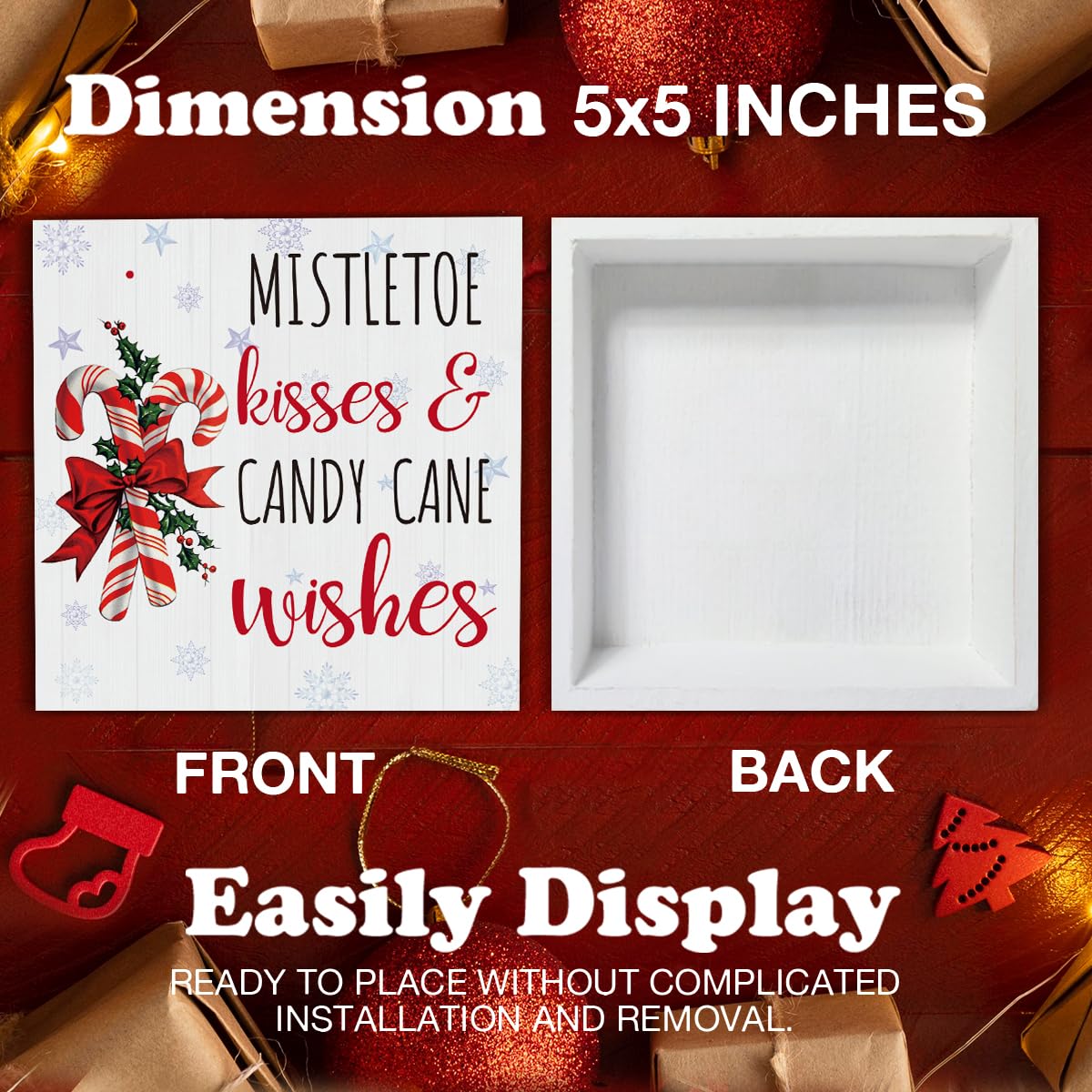 Rustic Christmas Decorations, Candy Cane Wooden Sign Home Decor, Mistletoe Wooden Block Sign