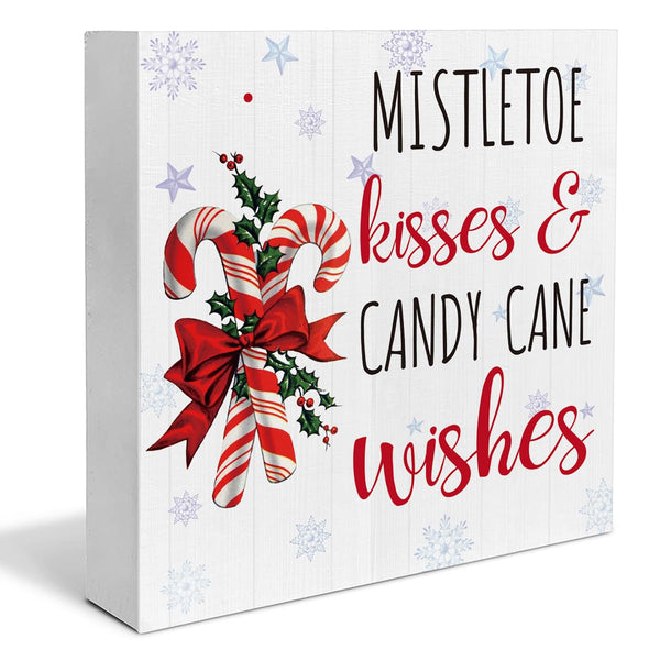 Rustic Christmas Decorations, Candy Cane Wooden Sign Home Decor, Mistletoe Wooden Block Sign