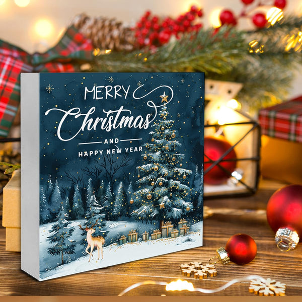Merry Christmas Wooden Sign - Deer & New Year Decor, 5 x 5 Inch