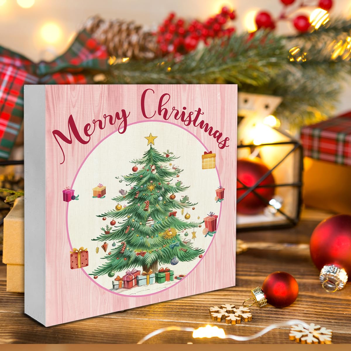 Pink Christmas Wooden Sign - Merry Christmas Home Decor, 5 x 5 Inch