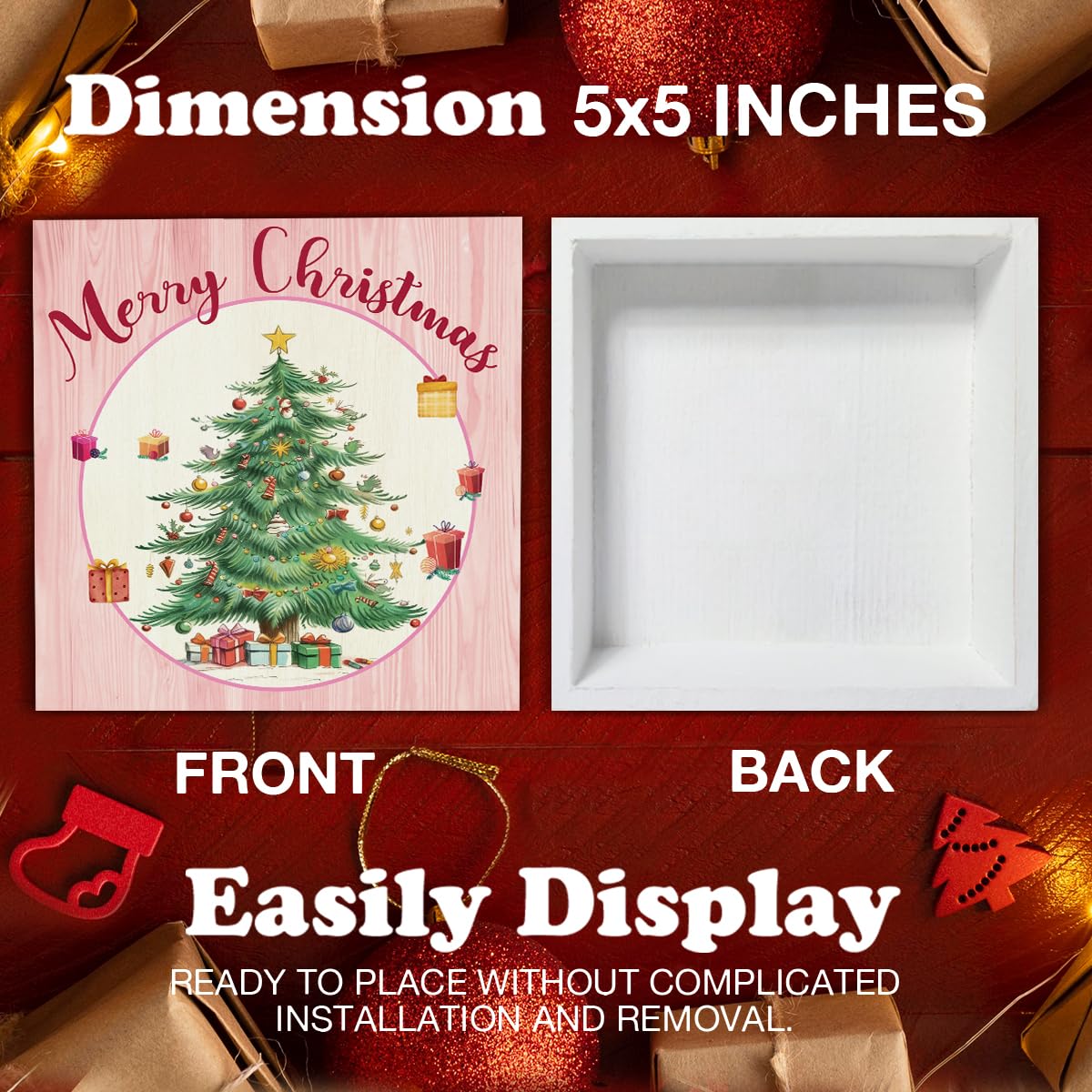 Pink Christmas Wooden Sign - Merry Christmas Home Decor, 5 x 5 Inch