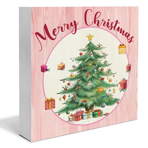 Pink Christmas Wooden Sign - Merry Christmas Home Decor, 5 x 5 Inch