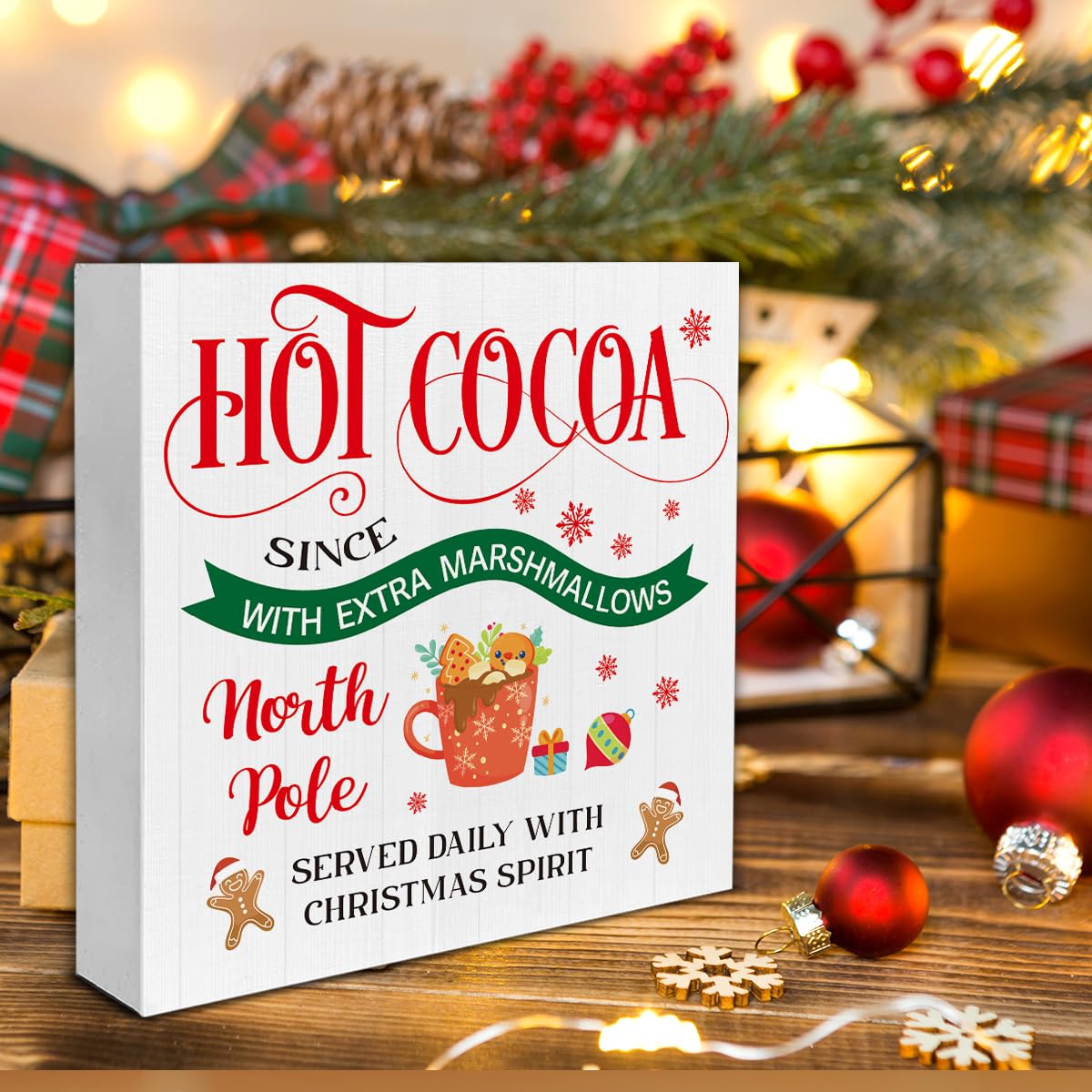 Christmas Decorations Indoor Home Decor, Hot Cocoa Wooden Sign, Gingerbread Wooden Block Sign