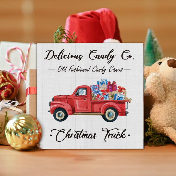 Rustic Christmas Decor: Red Wooden Truck Sign, Farmhouse Style - 5 x 5 Inch