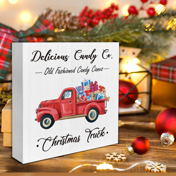 Rustic Christmas Decor: Red Wooden Truck Sign, Farmhouse Style - 5 x 5 Inch