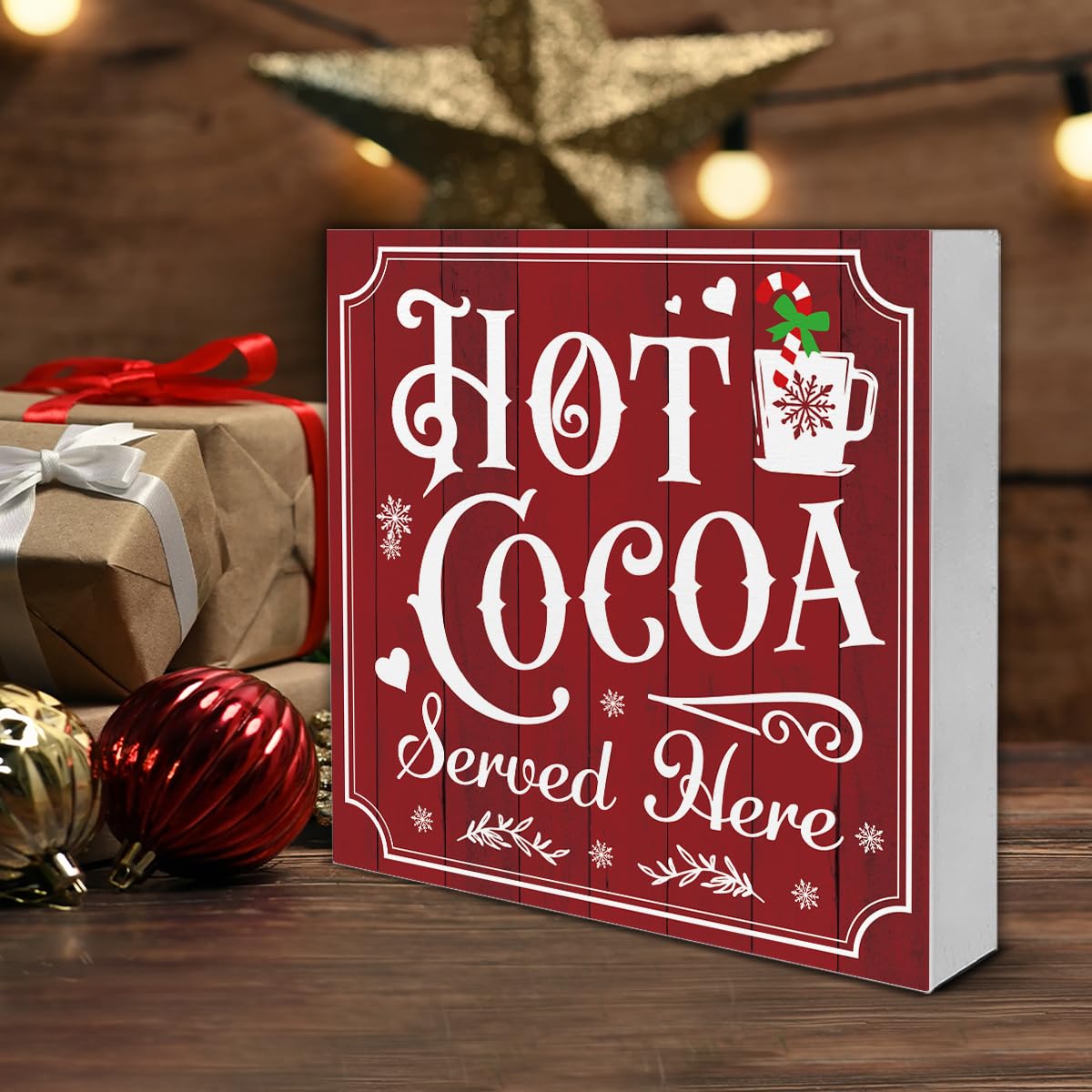 Vintage Christmas Decor, Hot Cocoa Wooden Sign, Coffee Bar Wooden Block Sign