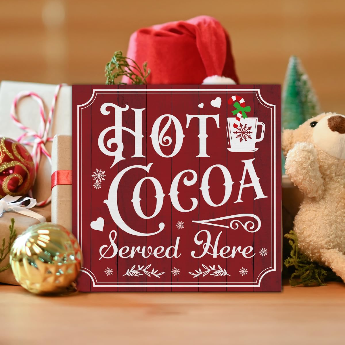 Vintage Christmas Decor, Hot Cocoa Wooden Sign, Coffee Bar Wooden Block Sign