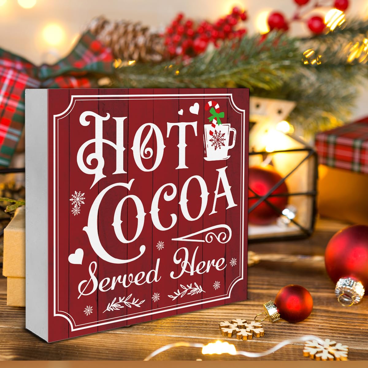 Vintage Christmas Decor, Hot Cocoa Wooden Sign, Coffee Bar Wooden Block Sign