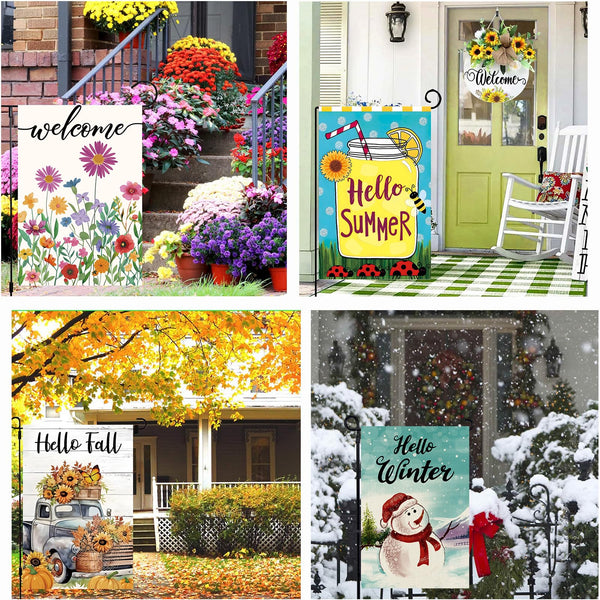 Seasonal Garden Flags Set of 12 Single Sided 12 x 18, Small Yard Flags for Outside, Summer Fall Garden Flag