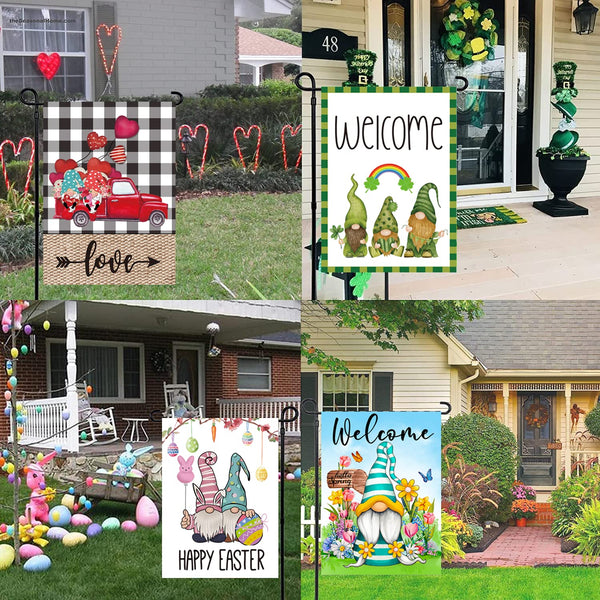 Set of 10 Gnome Seasonal Garden Flags, Single Sided 12 x 18 Inch Yard Flags,small garden flags for outside