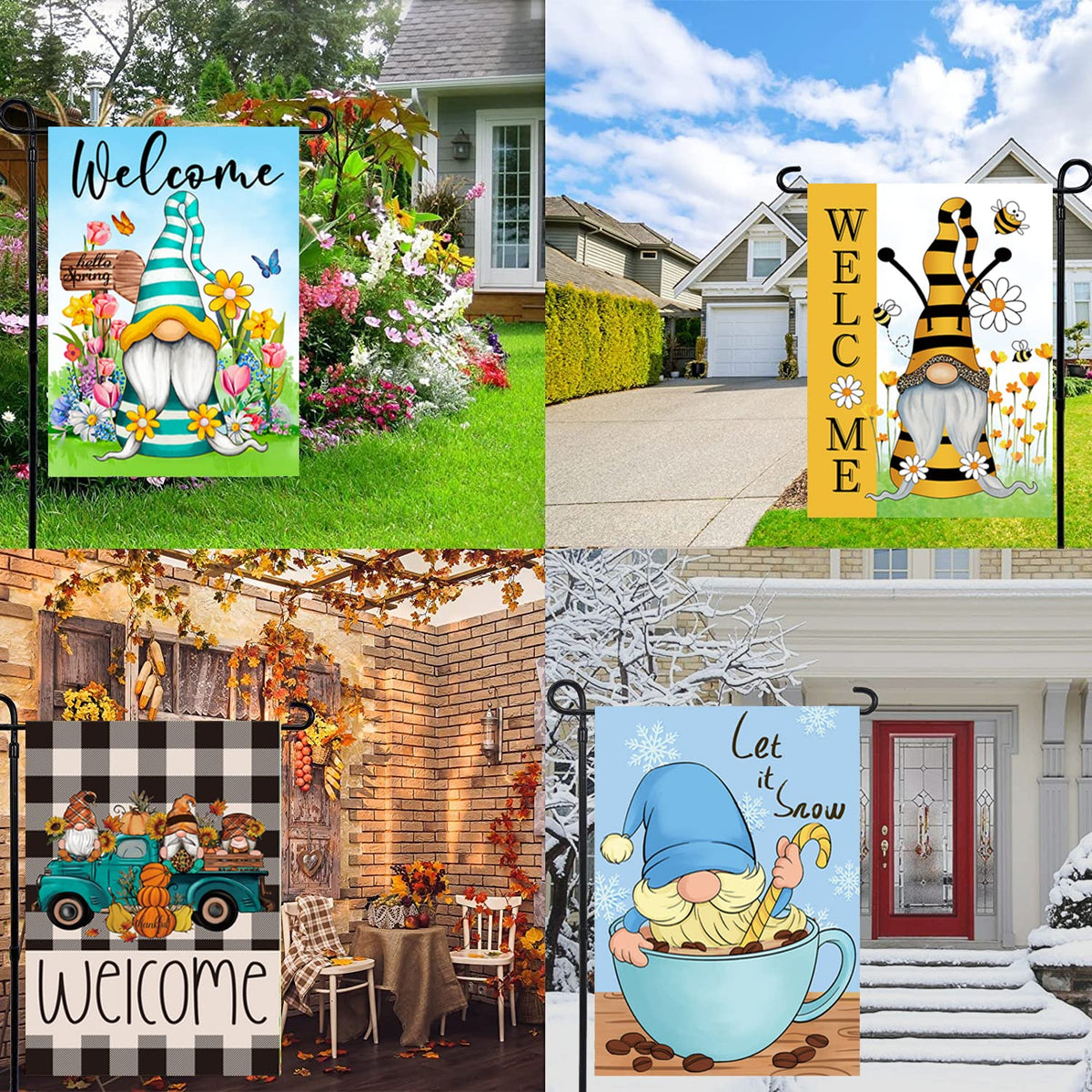 Set of 10 Gnome Seasonal Garden Flags, Single Sided 12 x 18 Inch Yard Flags,small garden flags for outside
