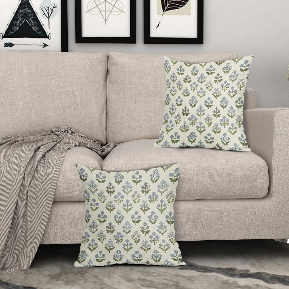 Blue Green Block Print Pillow Covers 18x18 Inch Set of 2, Vintage Floral Spring Decorative