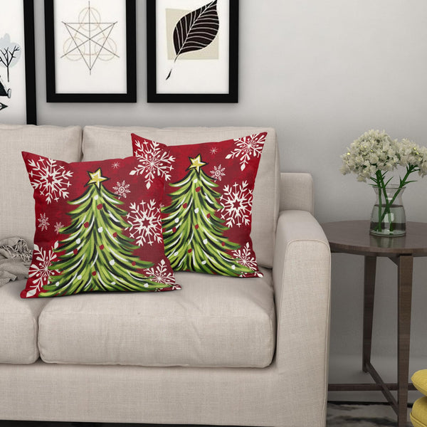 Christmas Pillow Covers 18x18 Inch Set of 2 Dark Red Green Xmas Tree Snowflake Holiday Decorative