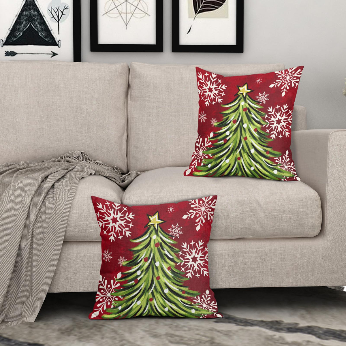 Christmas Pillow Covers 18x18 Inch Set of 2 Dark Red Green Xmas Tree Snowflake Holiday Decorative
