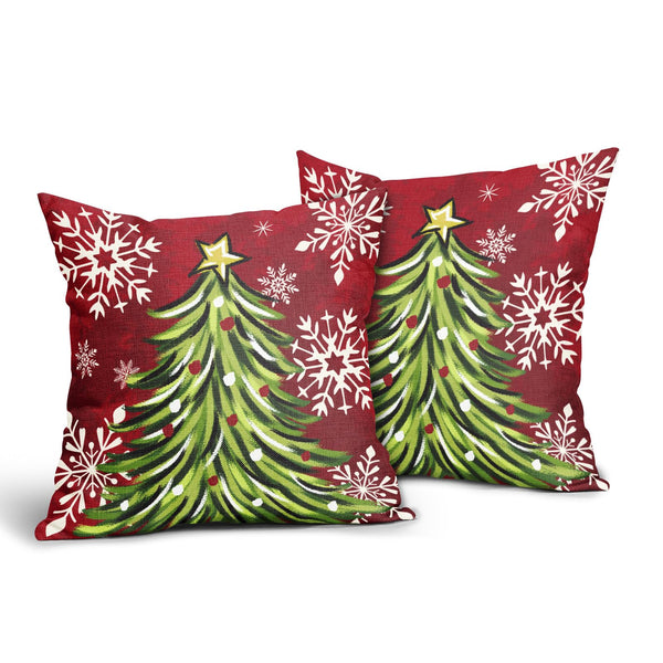 Christmas Pillow Covers 18x18 Inch Set of 2 Dark Red Green Xmas Tree Snowflake Holiday Decorative