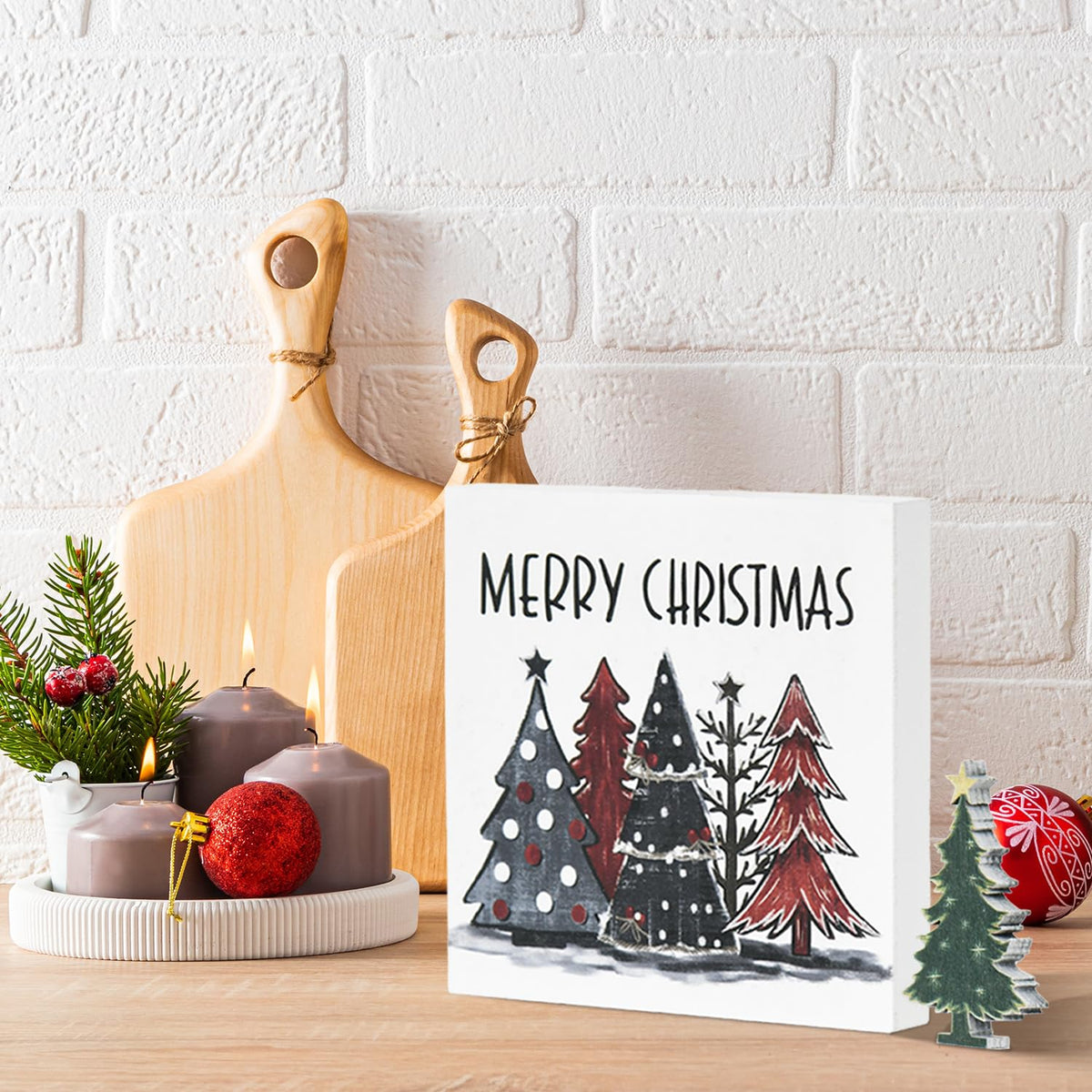Christmas Tree Decor, Merry Christmas Square Wooden Sign for Desk