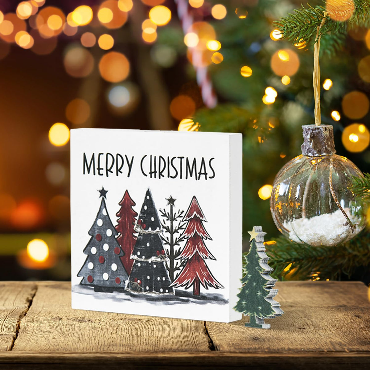 Christmas Tree Decor, Merry Christmas Square Wooden Sign for Desk