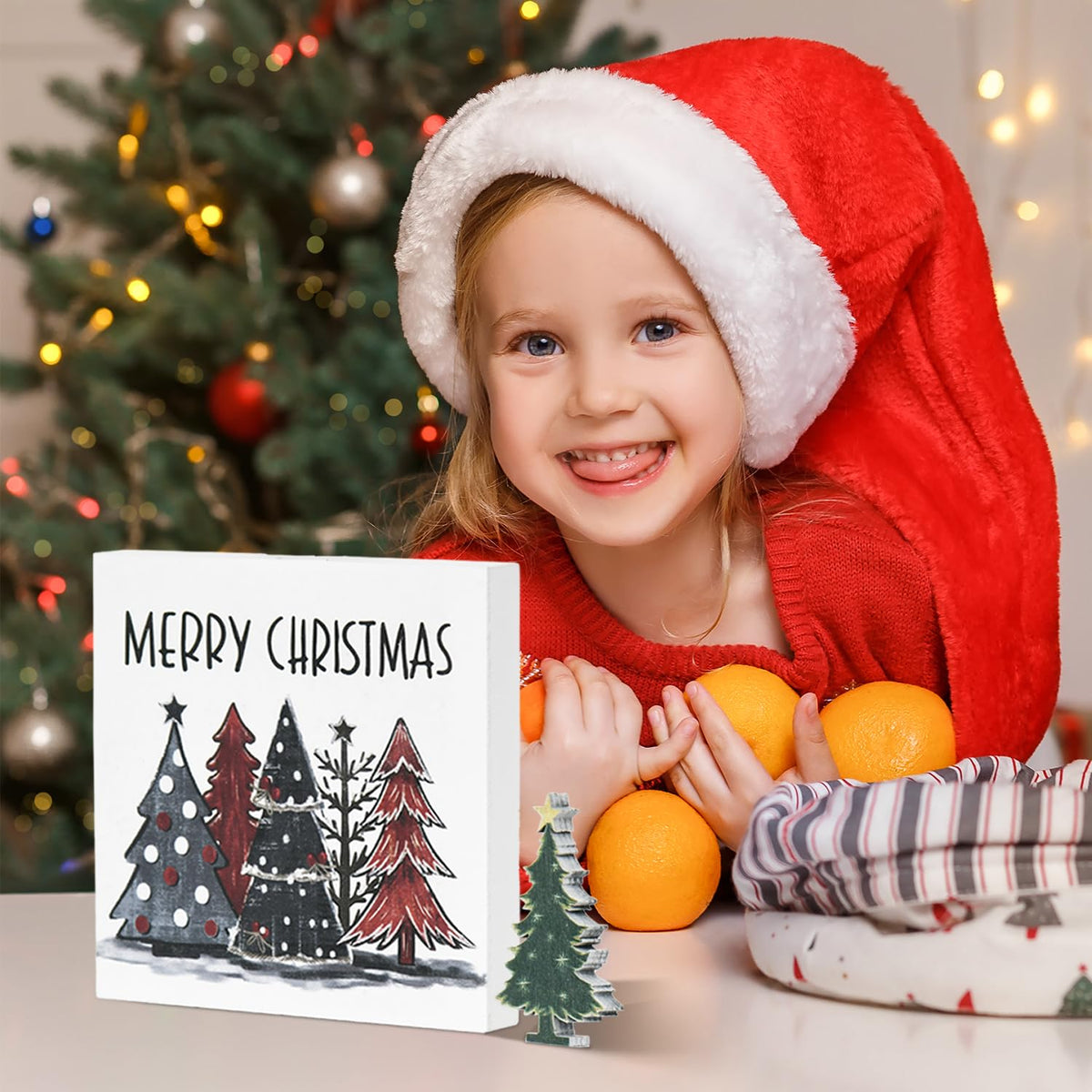 Christmas Tree Decor, Merry Christmas Square Wooden Sign for Desk