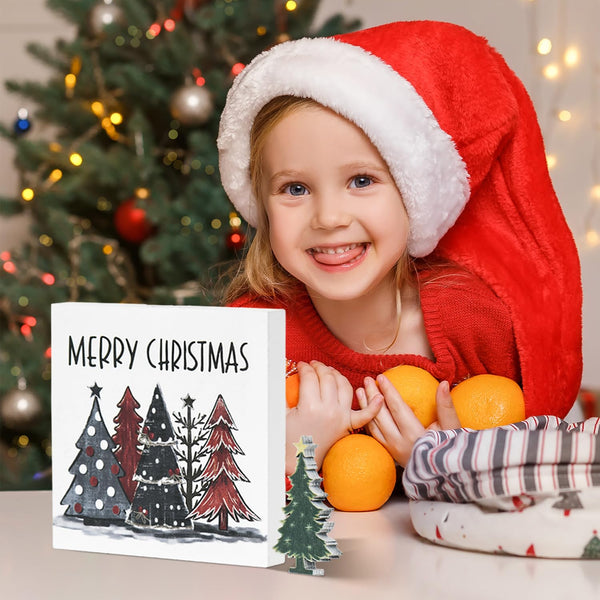 Christmas Tree Decor, Merry Christmas Square Wooden Sign for Desk